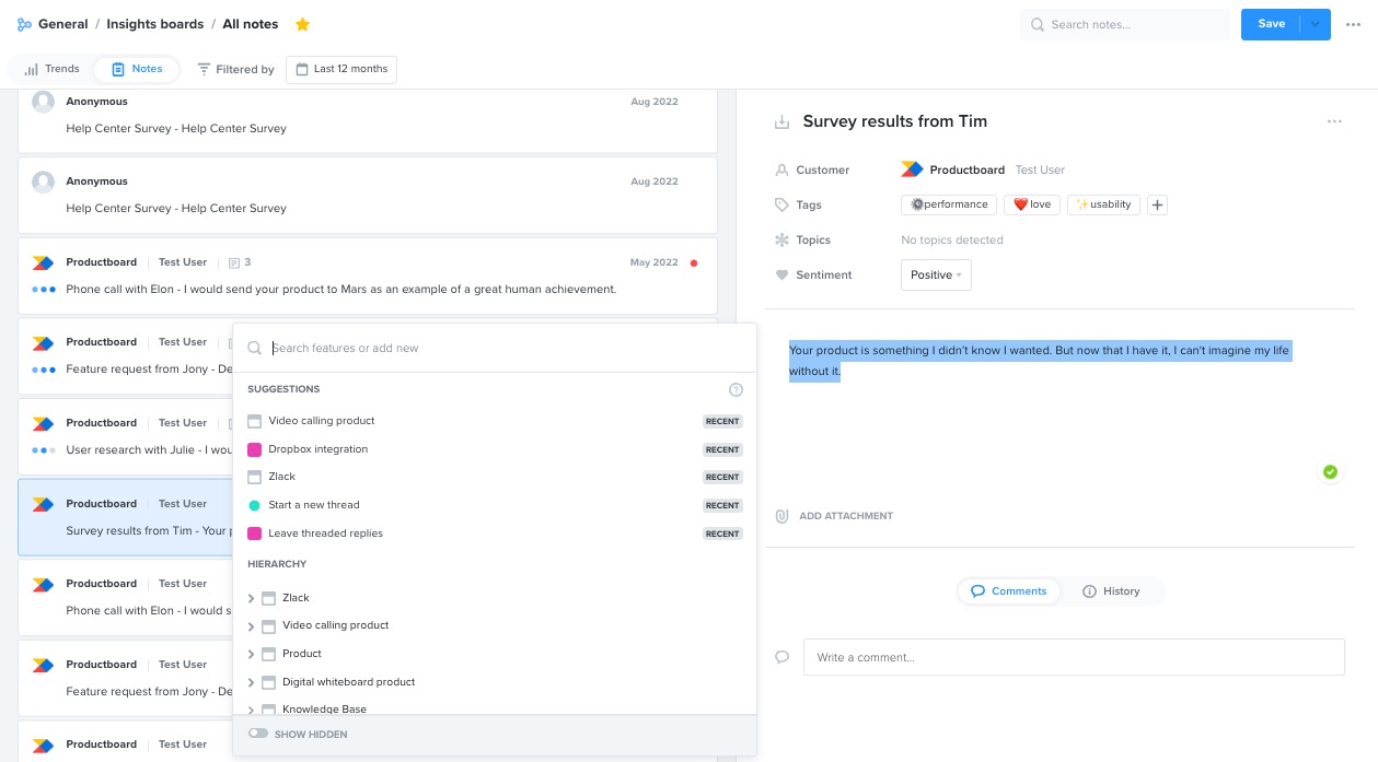 Link user feedback to related feature ideas using insights – Productboard  Support