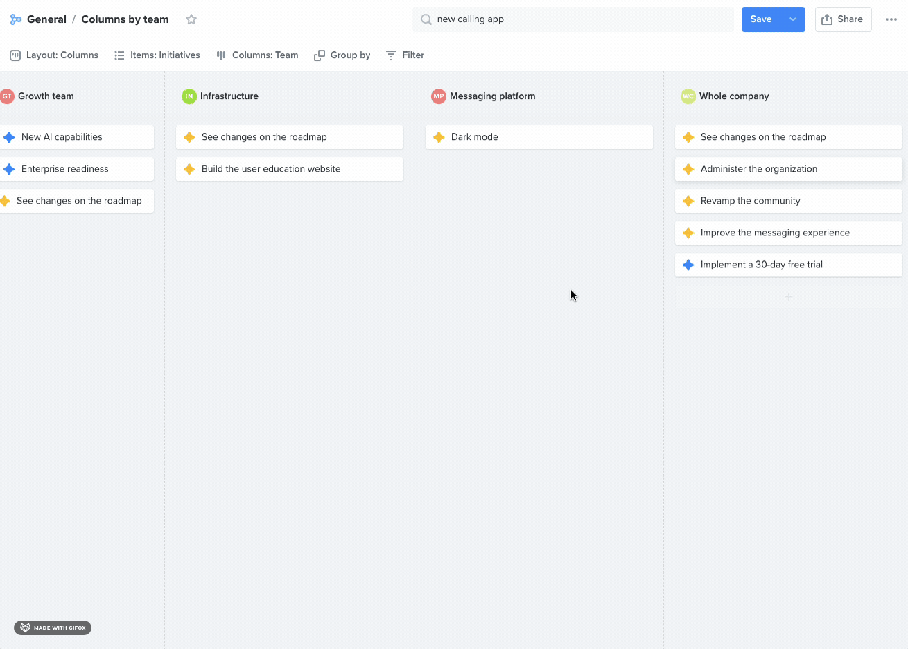 Columns boards: Customizable column-based roadmaps – Productboard Support